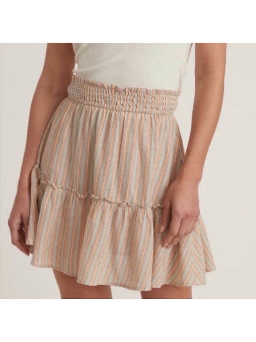 Marine Layer Tan and Peach Striped Smocked Tiered Mini Skirt